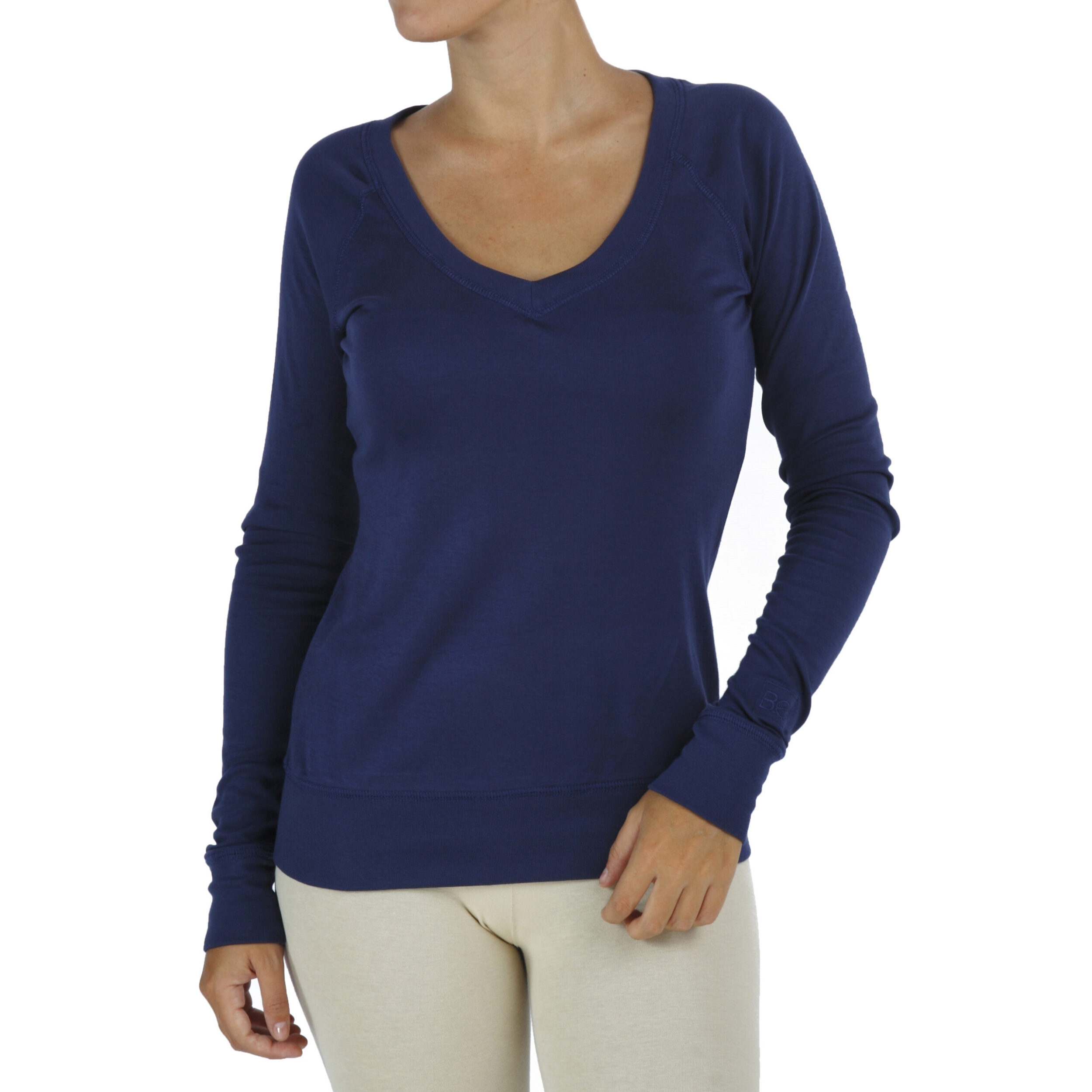 long sleeves V neck top organic pima cotton slowfashion quality blue