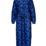 Blue pussybow midi silk dress with black print