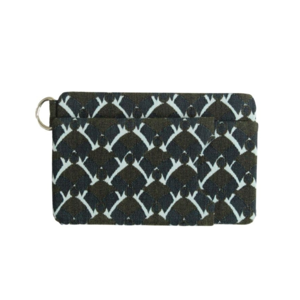 brown and blue geometrical abstract pattern wallet
